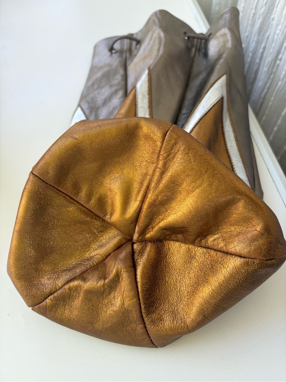 Vtg Holt Renfrew Metallic Leather Bucket Bag Italy Drawstring Patchwork 35" Y2K - Picture 11 of 13